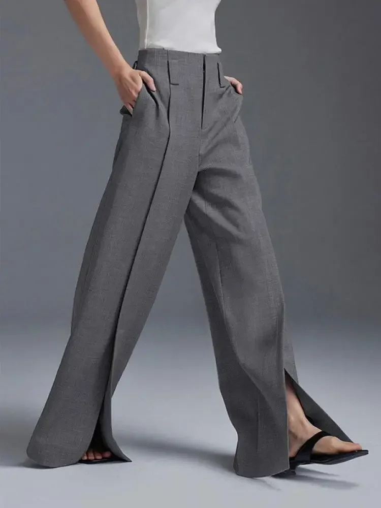 Krisnana Spring Casual Loose High Waisted Grey Trousers Korean Fashion Split-Front Pleated Wide Leg Pants For Office Lady