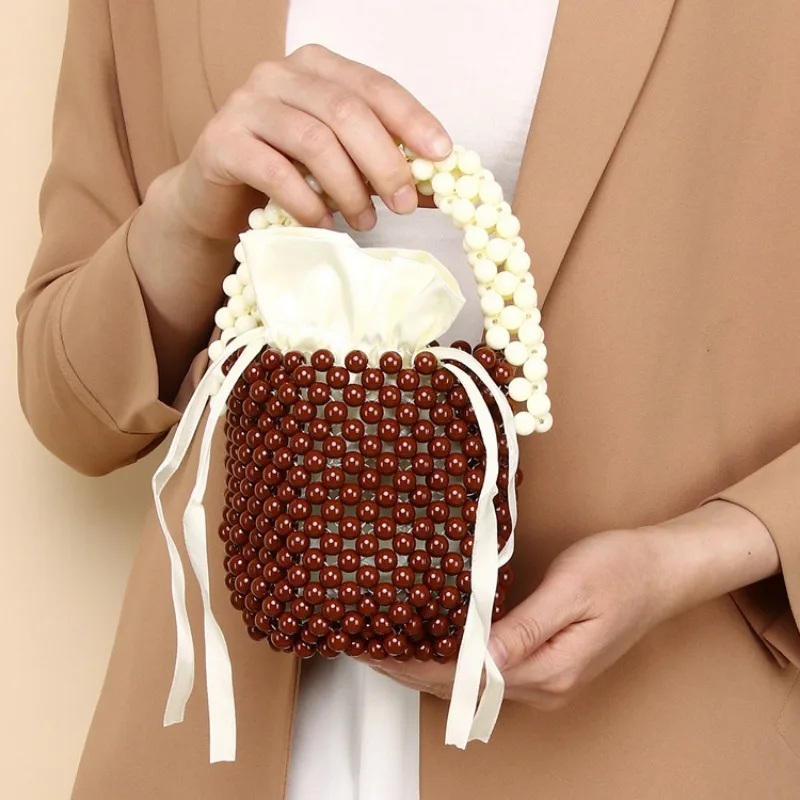 

Customized Autumn Winter Handmade Woven Coffee Colored Hand-held Beaded Women's Bag Simple Casual DIY Bucket Ladies Handbag