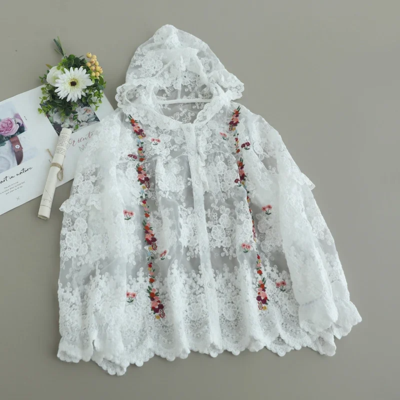 Summer Sweet Organza Transparnet Floral Embroidered Hooded Blouse Women Long Sleeve Single Breasted Casual Cover Up Tops