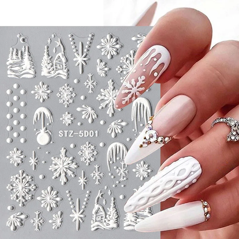 Elegante fiocco di neve bianco adesivi per unghie 5D maglione invernale fiore di neve cervo nail art gel cursori decalcomanie in rilievo di Natale Decorati