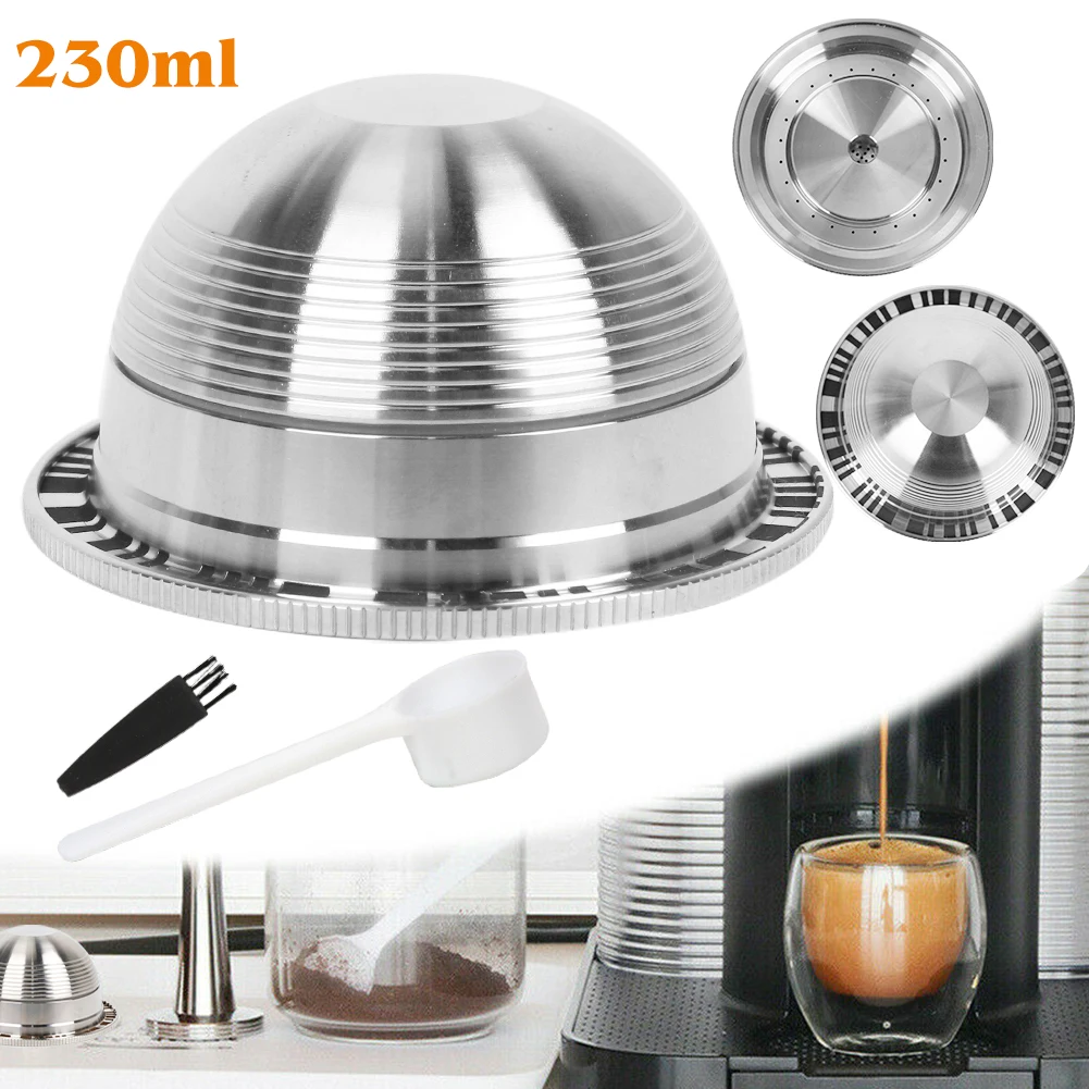 230ml Coffee Capsule Filter With Brush Spoon Set Stainless Steel For Nespresso Vertuo Stainless Steel Reusable