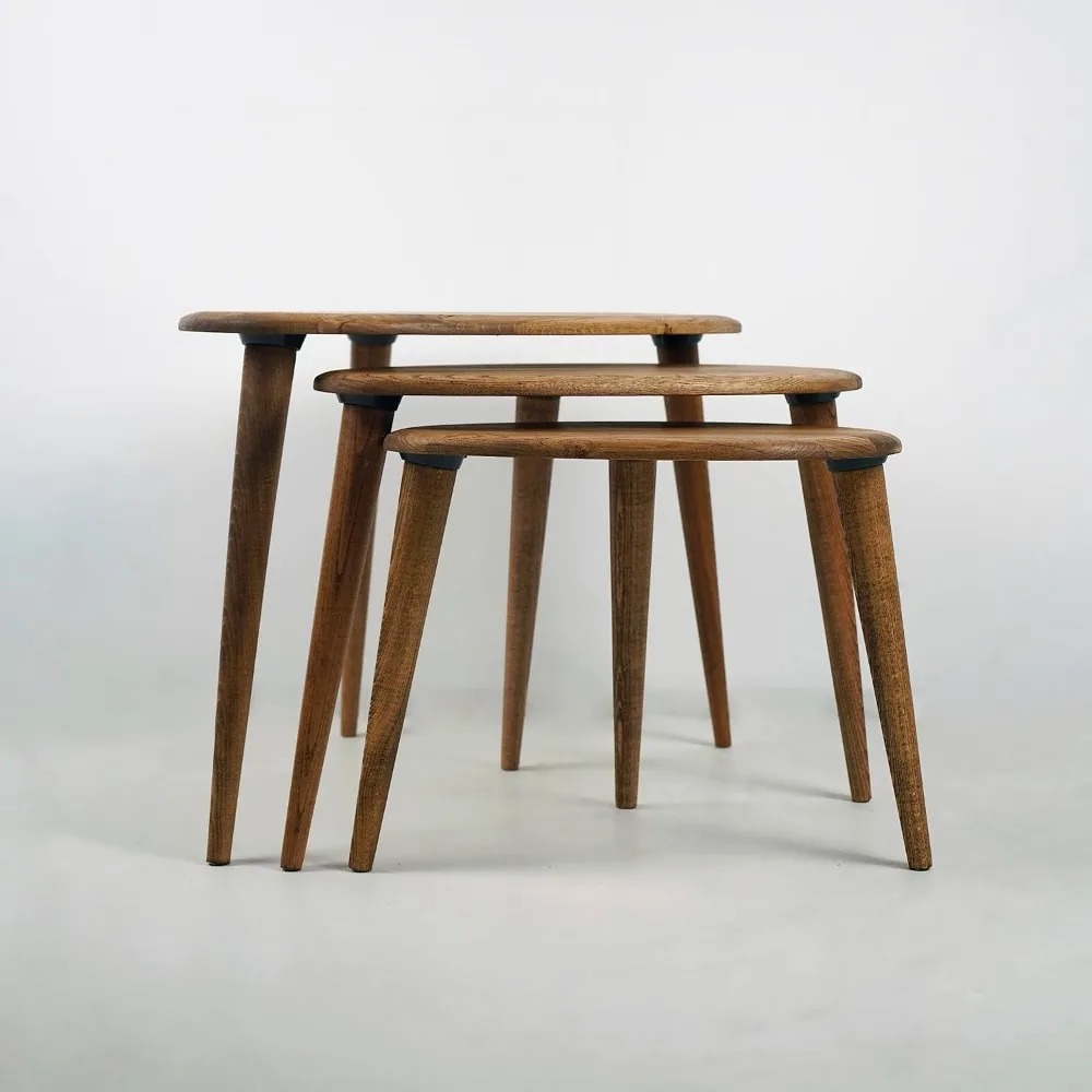 Mid Century-Inspired Chestnut Solid Nesting Tables Trio with Tapered Wooden Legs - Retro Wooden Home Furniture