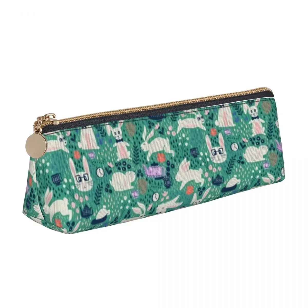 

Easter Rabbit Leather Pencil Case Bunnies and Teapots Aqua Teens Pencil Box Cool Large Capacity Triangle Pen Bag