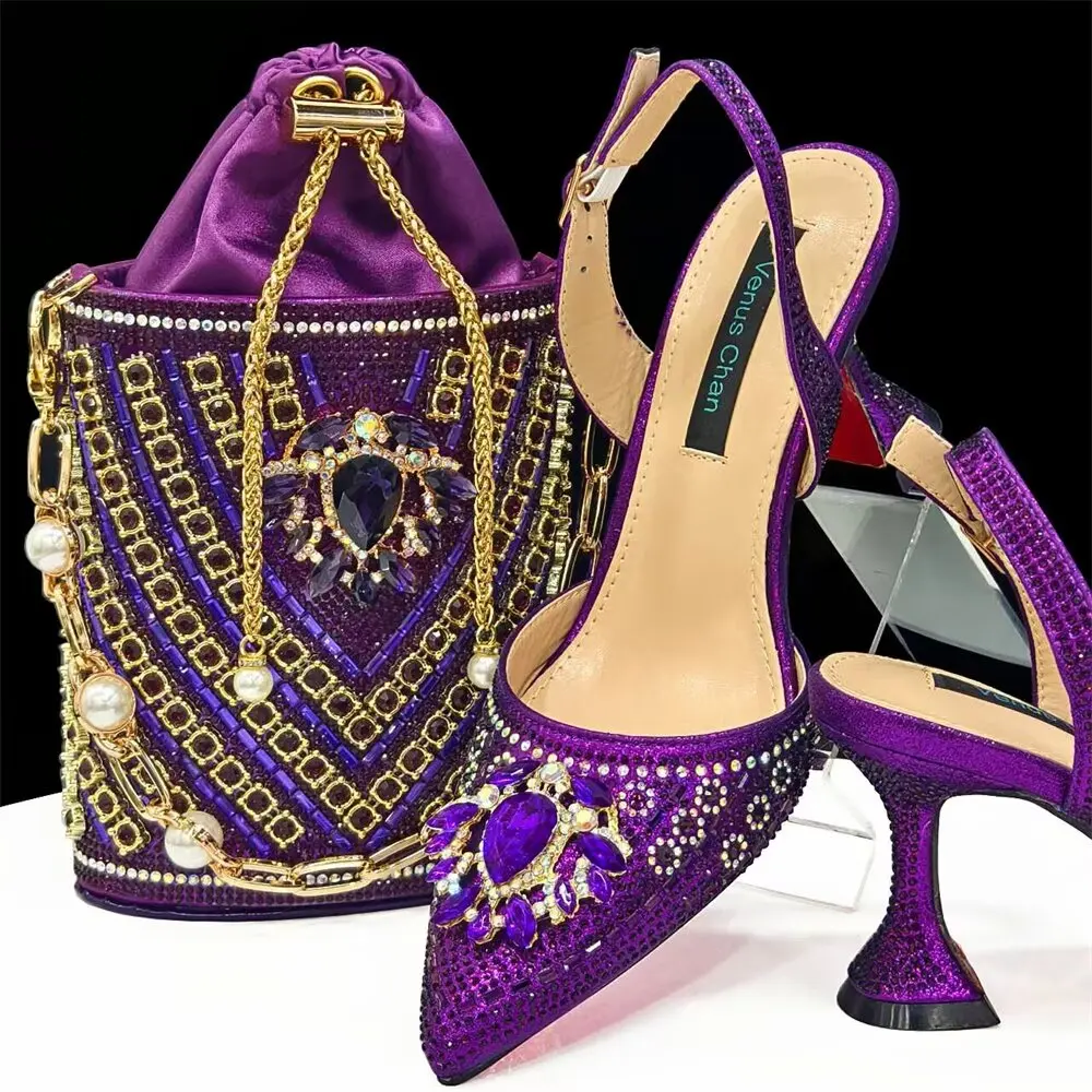 Beautiful Fuchsia Women High Heel 7.5CM Shoes Match Big Crystal Handbag African Pumps And Bag Set CR558