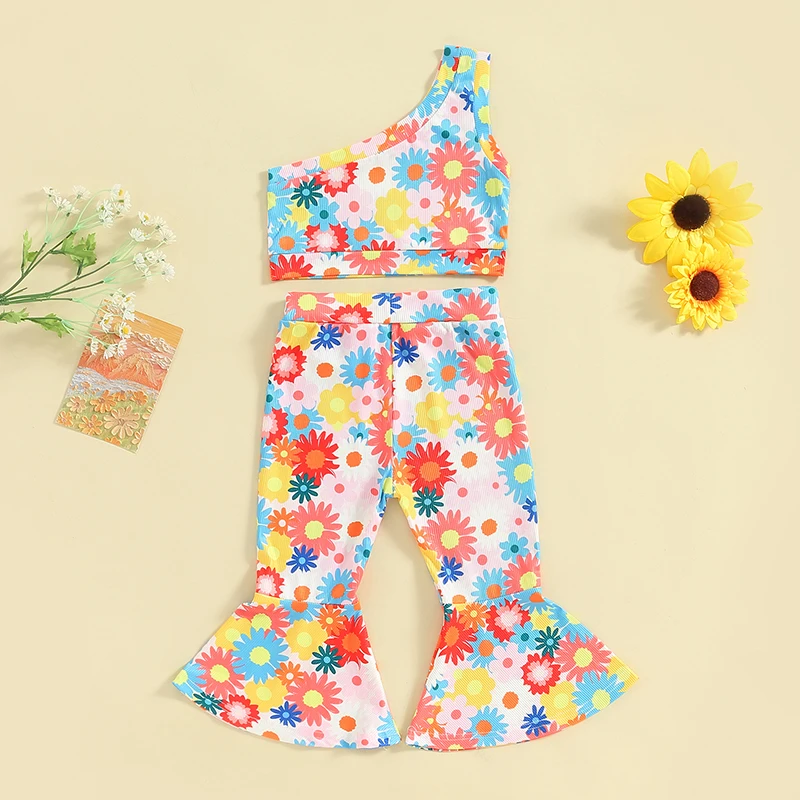 Blotona Toddler Baby Bell Bottoms Outfit Girl Summer One Shoulder Floral Tank Tops Flared Pants Clothes Set