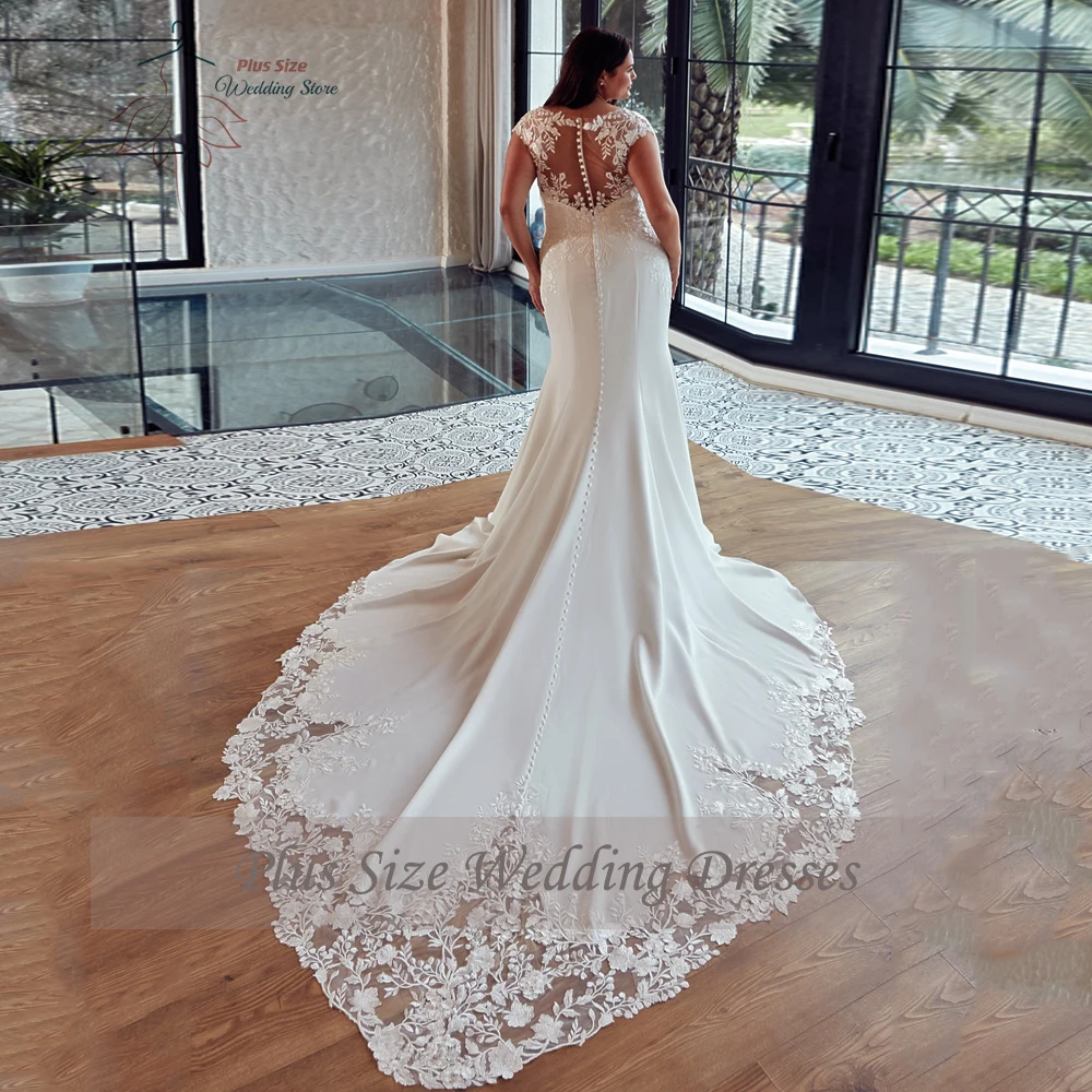 Classic Mermaid Wedding Dresses Plus Size V Neck Cap Sleeves Bride Gowns Appliques Back Button Sweep Train Vestido De Noiva 2023