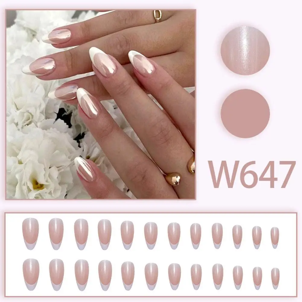 French Oval False Nails White Edge Nude Pink Wearable Press On Nail Full Cover Short Fingernails Acrylic Almond Fake Nail