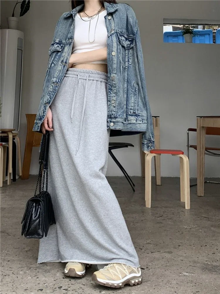 

Skirts Women Ankle-length Leisure A-line Spring Summer Pure Chic Vintage American Style Streetwear Drawstring All-match Harajuku