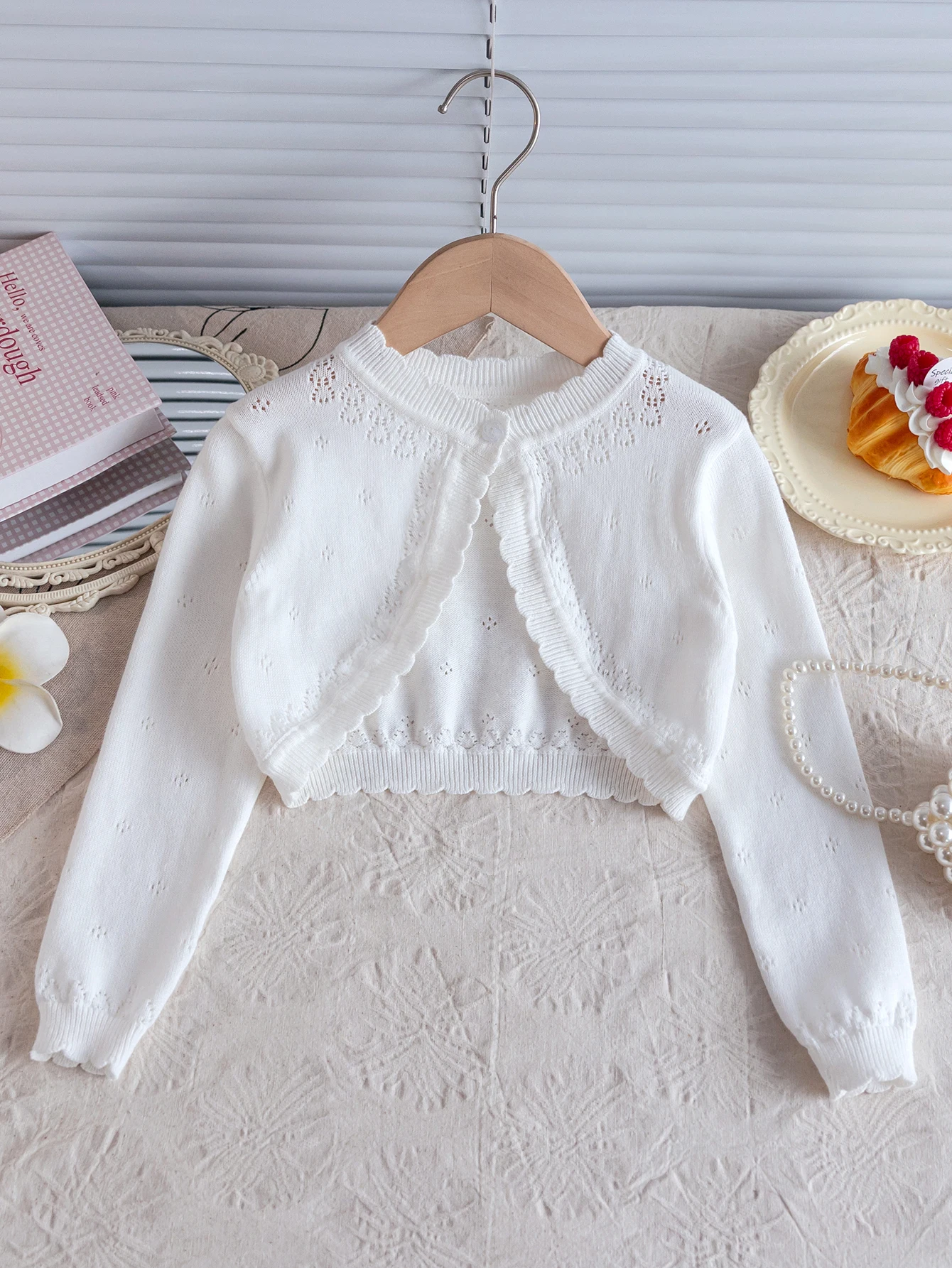 Girl's Elegant Style Solid Color Hollow Short Sleeved Knitted Cardigan with One Button Air Conditioning Shirt Thin Shawl