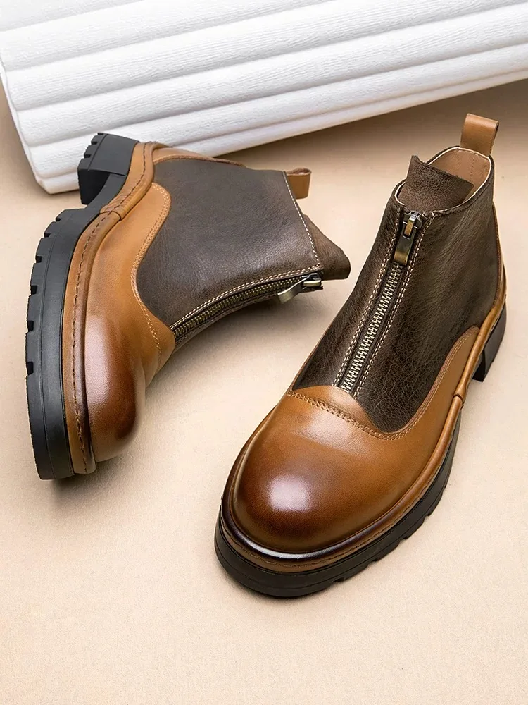 

Front Zip High End Full Graign Leather Short Chelsea Boots Businessman Formal Dress Suit Shoes Upper Class Men's Dinner Party