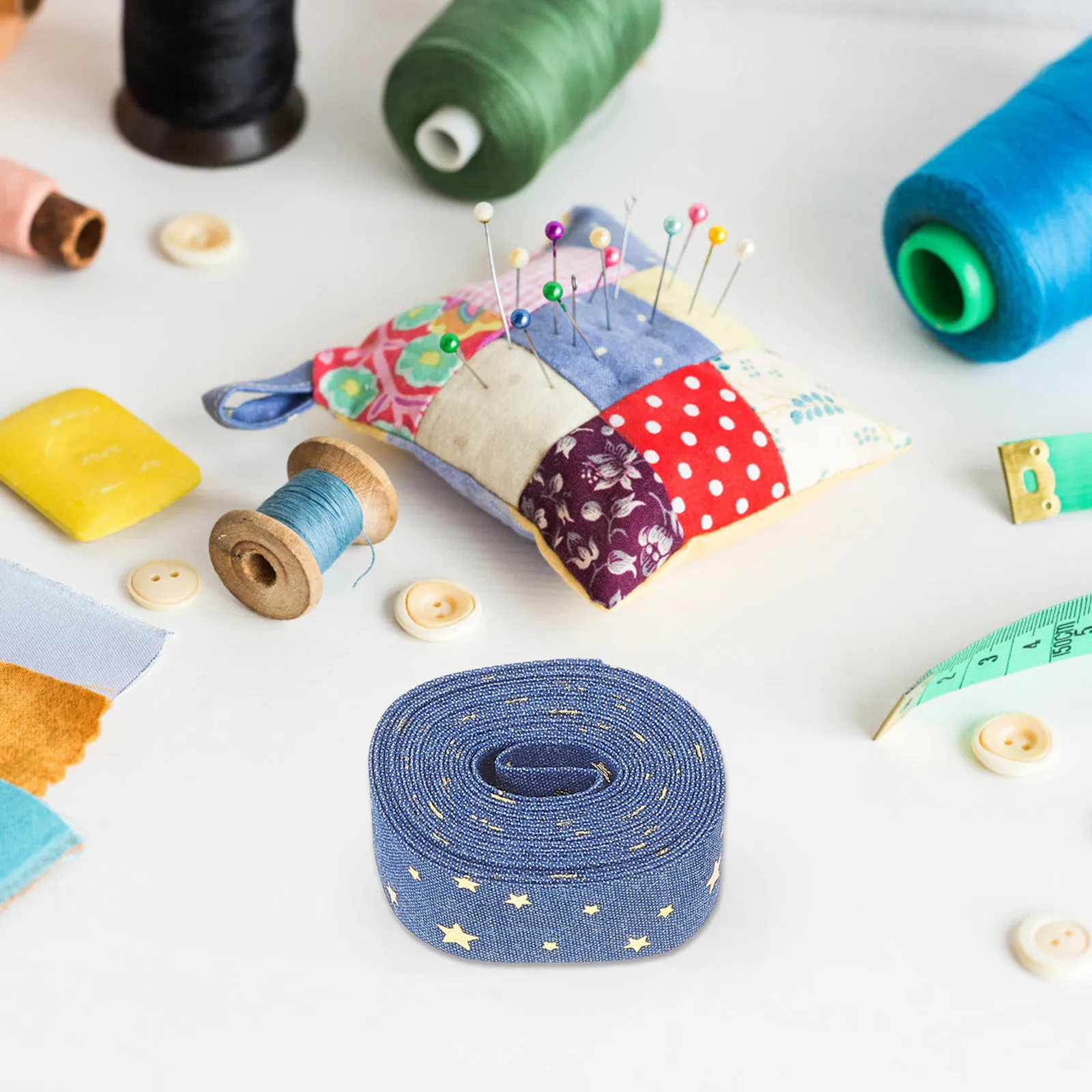 

4 Rolls Denim Fabric Ribbon with Gold Star Print Durable for DIY Crafts Sewing Gift Wrapping Clothes Accessories Western Style