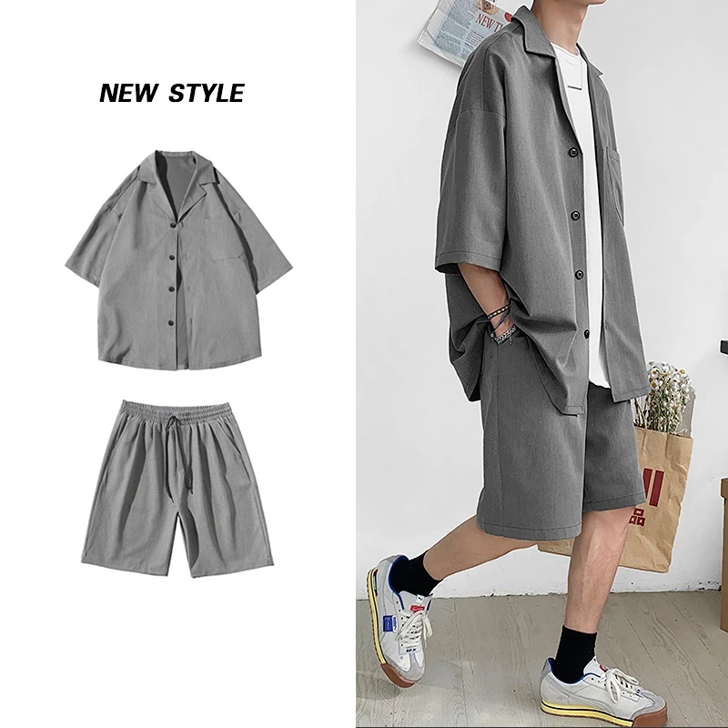 Men Summer Turn-down Collar Shirts Korean Style Men's Set Suit Jacket and Shorts Thin Sleeve Top Matching Bottoms Oversized