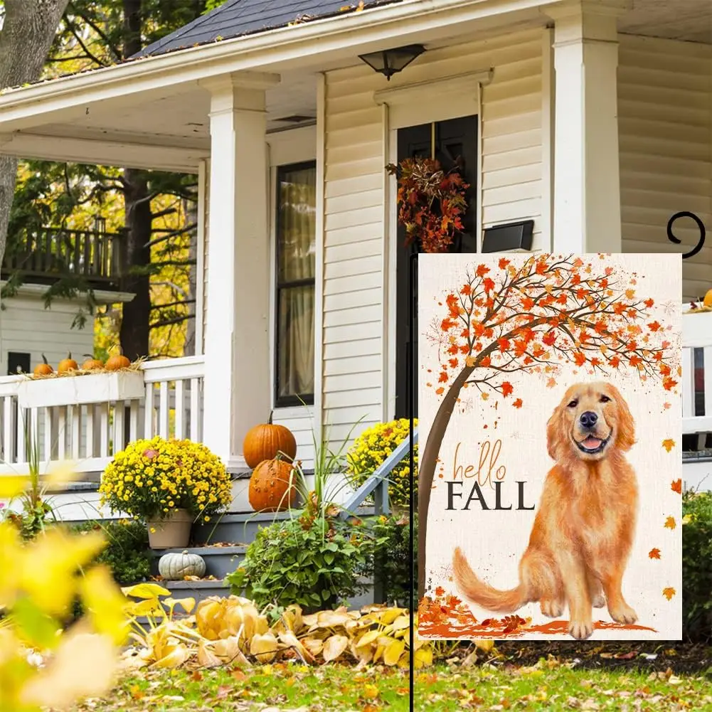 Fall Dog Garden Flag 12x18 Vertical Double Sided Autumn Maple Leaves Thanksgiving Outside Decorations Burlap Yard Flag BW205