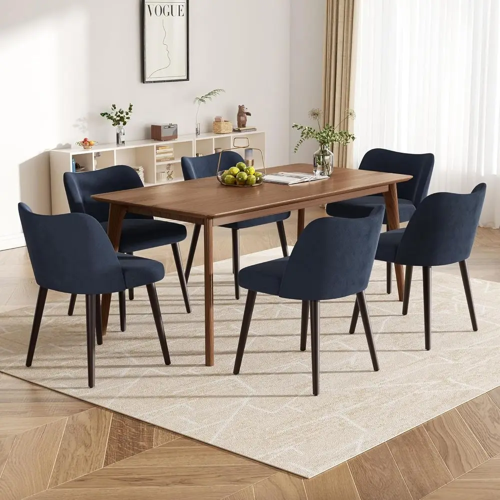 

Upholstered Dining Chairs with Padded Seat, Wood Legs, Set of 6, Blue