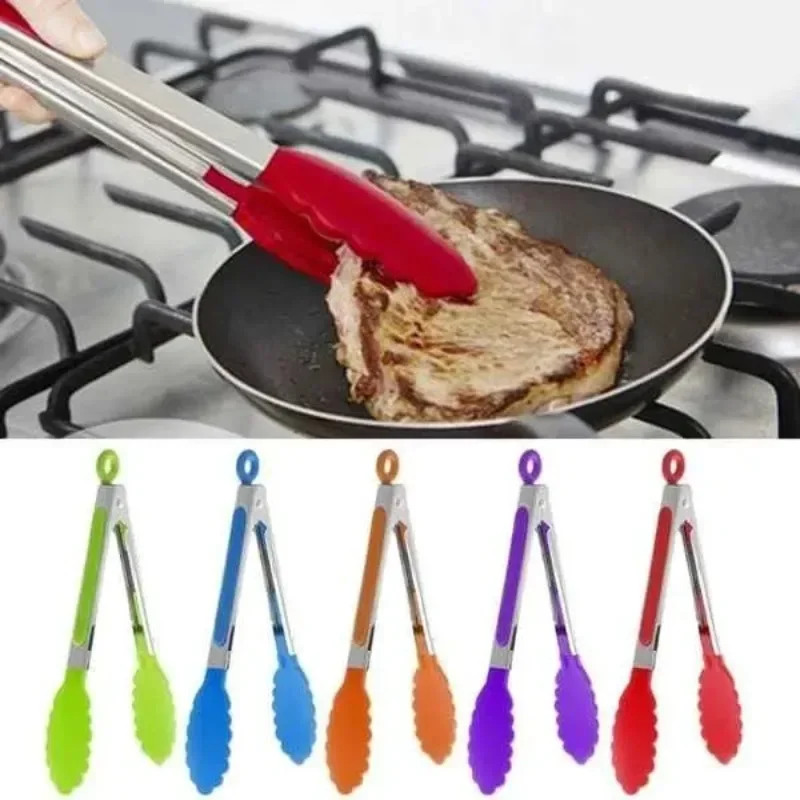 Silicone Nylon Stainless Steel Kitchen Tongs Barbecue Salad Food Fruit Tongs Clip Cooking Food Serving Tongs Kitchen BBQ Tools