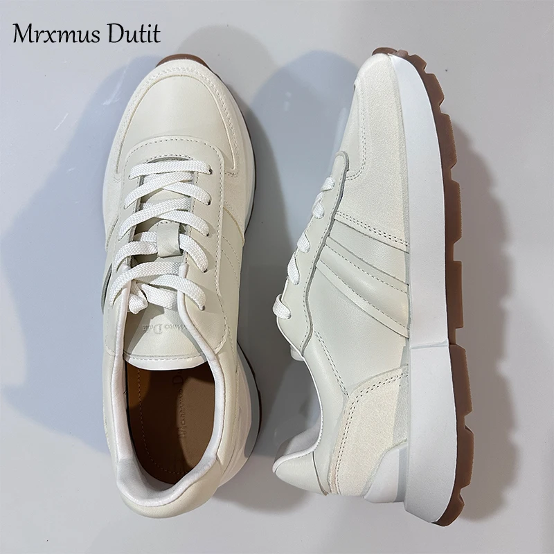 Mrxmus Dutit Women 2024 New Spring Fashion Leather Lacing Round Head Shoes Flat Thick Soled Shoes Solid Casual Versatile Sneaker