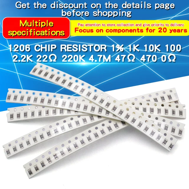 100 sztuk 1206 rezystor z chipem SMD 1% 0Ω ~ 10MΩ 0.33 10 100 220 300 510 1K 10K 20K 100K 220K 470K 820K 1.1M 5.1M 10M Ohm rezystor SMD