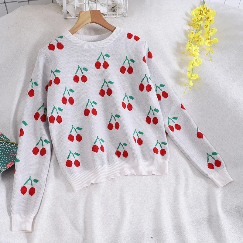 Suéter de punto de cereza para mujer, Tops holgados con estampado de estilo Preppy, jersey de cuello redondo elegante, prendas de punto de moda, Otoño e Invierno