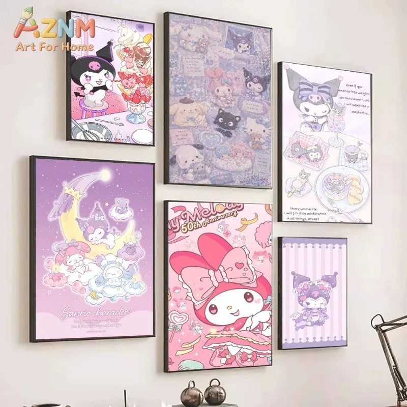 Kuromi My Melody Cinnamoroll Canvas Poster Cute Sanrio Cartoon Print Unframed Canvas Art Ice Cream Dessert Sweet Purple Kawaii