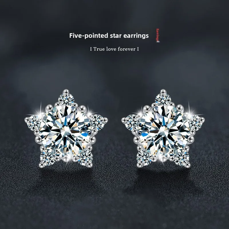 S925 الفضة الذهب الأبيض مطلي 1CTx2 D اللون البنتاغون قص مويسانيتي وأقراط للنساء ، أنيقة غرامة مجوهرات هدية