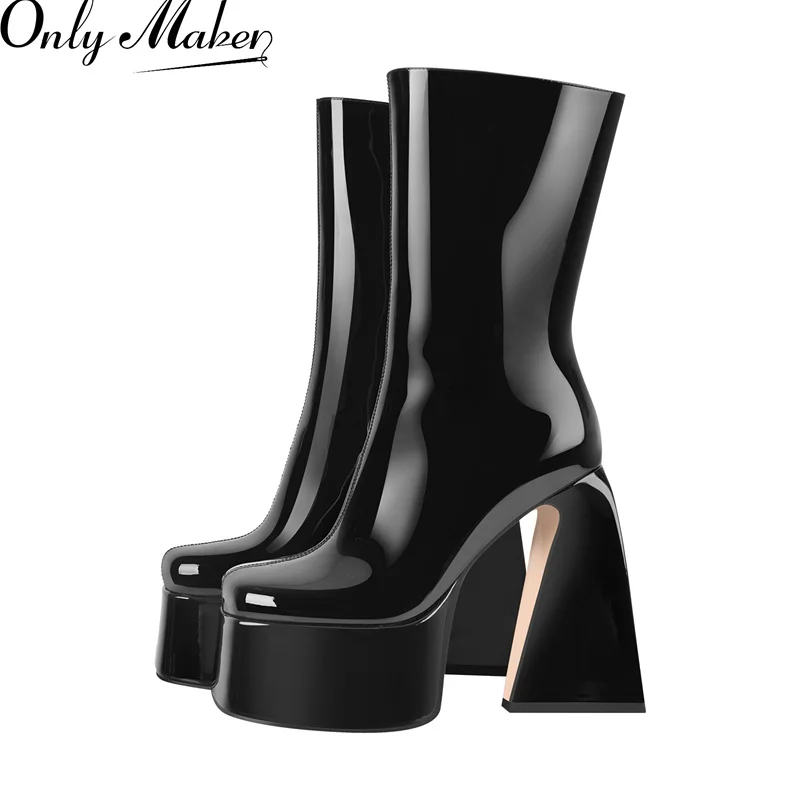 Onlymaker Woman Square Toe Chunky Punk Ankle Boots Thick High Heels Platform Black Pink  Fashion Zip Women Boots