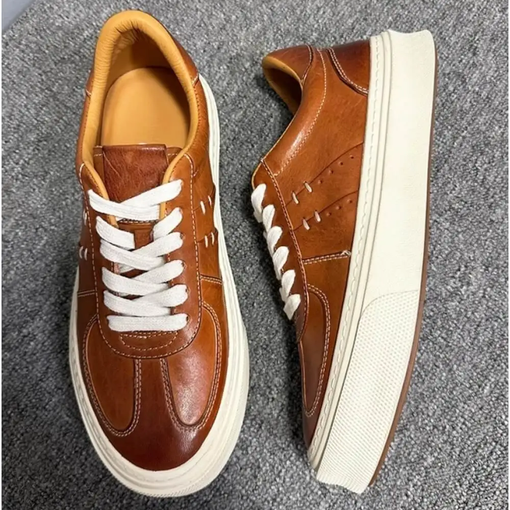 Caramel Brown Burnished Leather Retro Sneakers, with off-white laces and textured sole