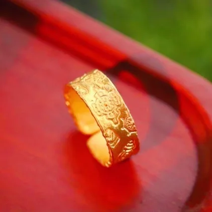 AU999 gold jewelry auspicious eight treasures ring open ring 24K pure gold hand jewelry ancient French style new female ring