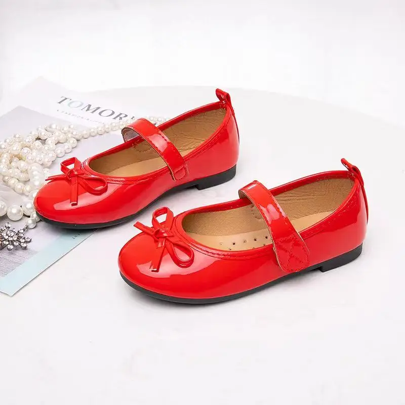 2024 Spring Autumn New Kids Shoes Childrens Bowknot Princess Shoes Girls Red Black Comfortable Soft Sole Single Shoes 2-13T