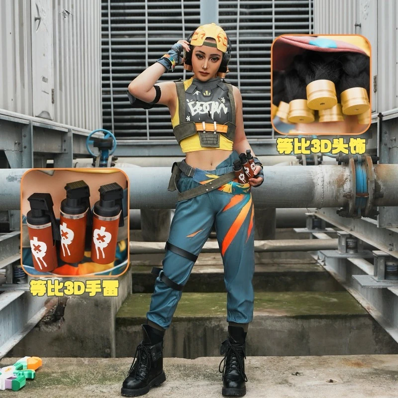 Raze Valorant Cosplay Costume Full Set Game Character Outfit Yellow Black Crop Top Cargo Pants Gloves For Women Convention