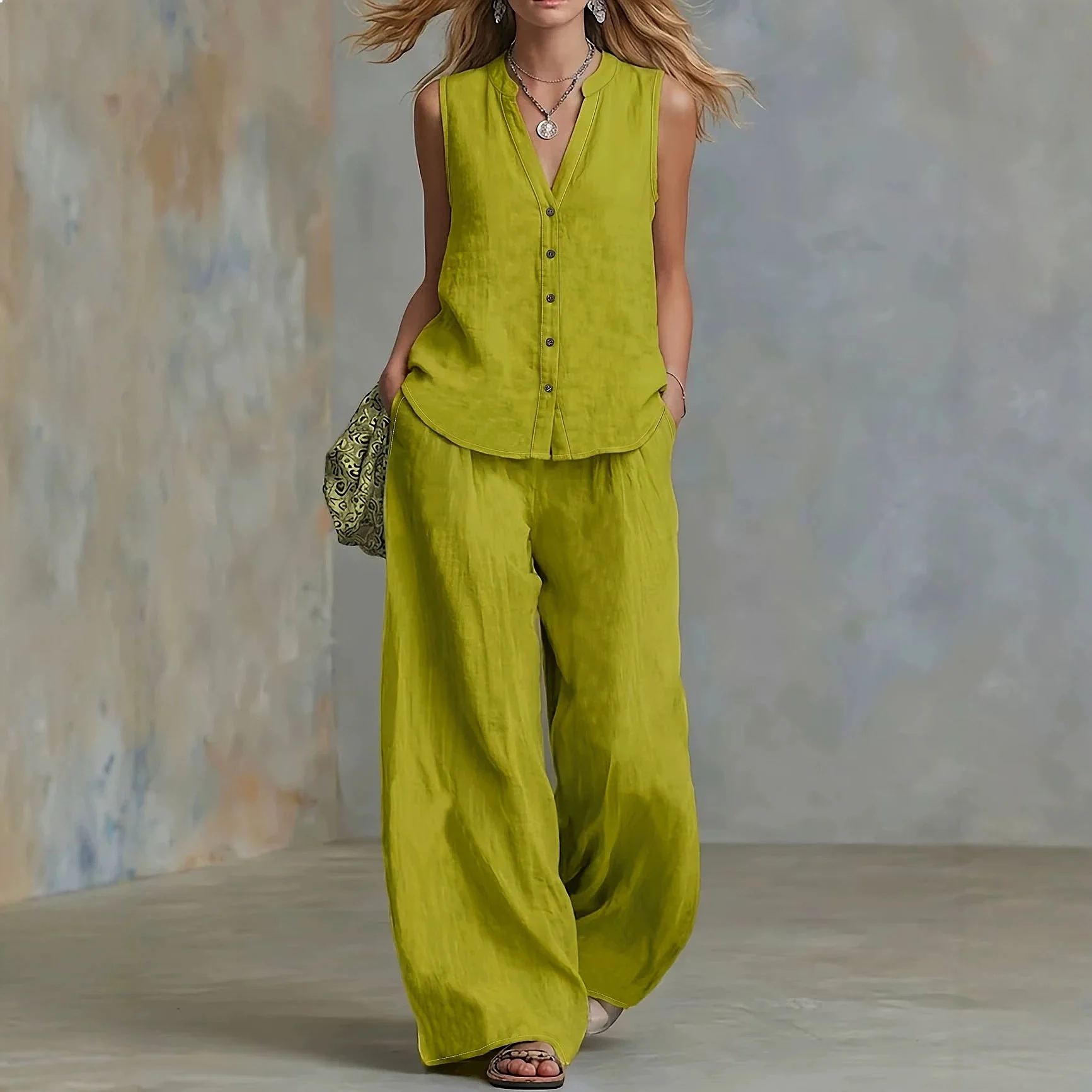Summer Cotton Linen Women's Sleeveless Blouse Top Sets Casual Matching Jumpsuit Playsuit Plus Size