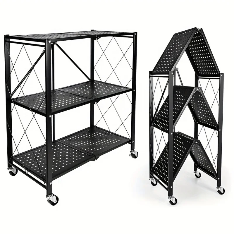 Heavy Duty Foldable Metal Storage Rack - Save Space，with Wheels，Hook，No Assembly Required