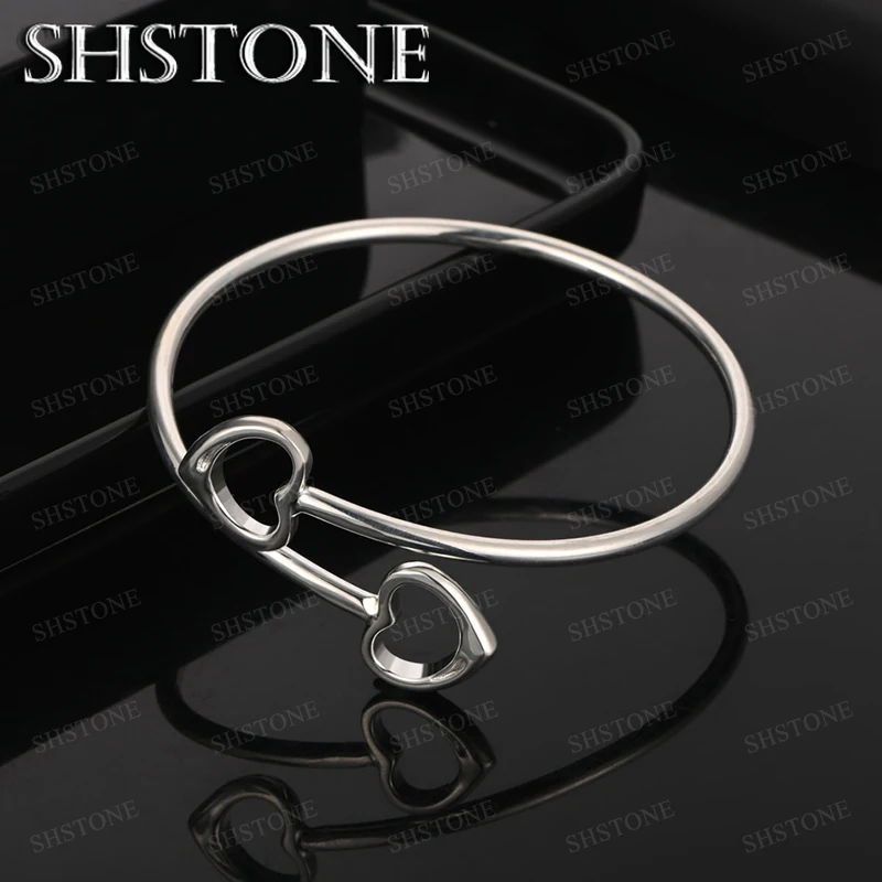 

925 Sterling Silver Heart Bangle Bracelets Sweet For Women Man Charm Engagement Wedding Party Romantic Jewelry Gift Accessories