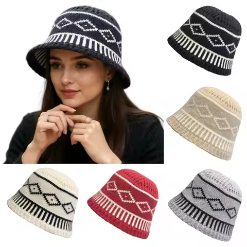 Casual Retro Knitted Hat Diamond Grid Pattern Warm Basin Hat Big Head Circumference Appearing Small in Size Bucket Hat for Women