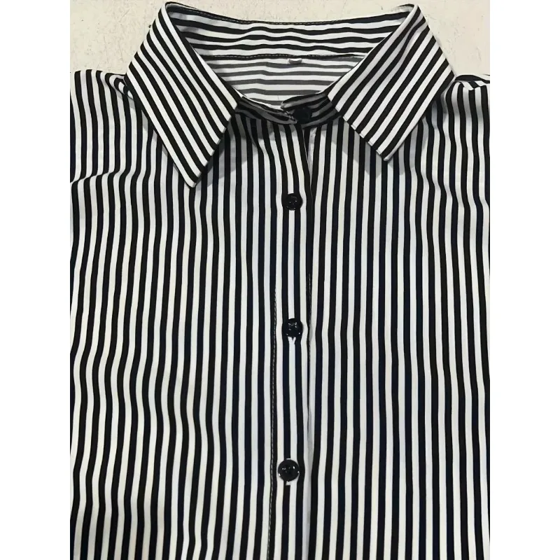 Plus Size 1XL-5XL Tops for Women Long Sleeve Casual Striped Print Button Down Shirts Loose Turn Down Collar Blouses