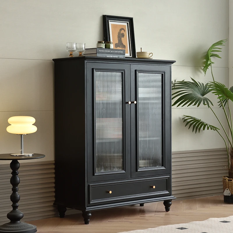 

American solid wood dining side cabinet light luxury modern simple black retro locker against the wall entrance wine cabinet