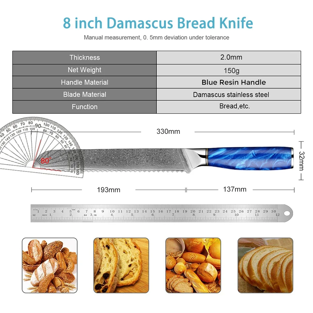 Damascus Steel Bread Knife 8 Inch Blue Resin Handle Ergonomic  Professional Japanese Kitchen Knife Stain&Corrosion Resistant