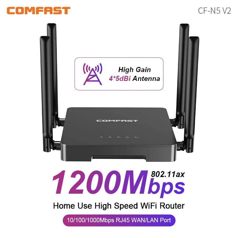 

COMFAST WiFi 5 Router 1200Mbps Dual Band 2.4G/5.8GHz 4*5dBi Antennas Wireless Router Strong Signal Extended Coverage CF-N5V2
