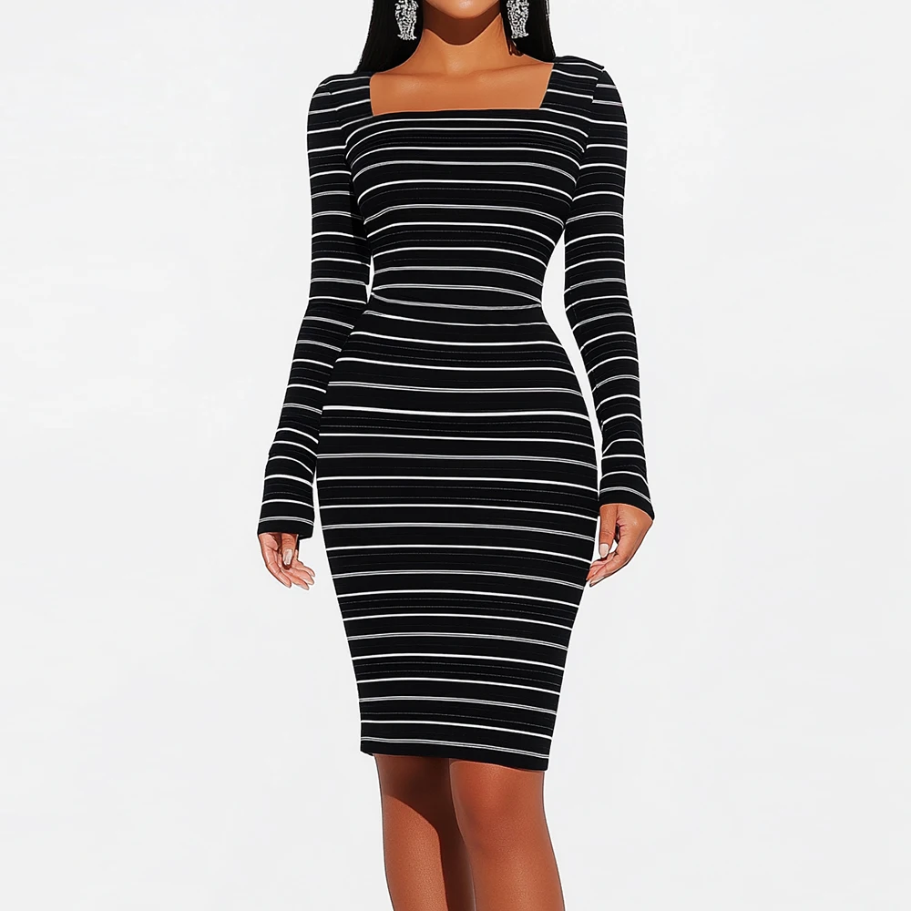 Mia Muse Women's Dresses Autumn Elegant Decent Stripe Long Sleeve Square Neck Knee Length Bodycon Fashion Dresses