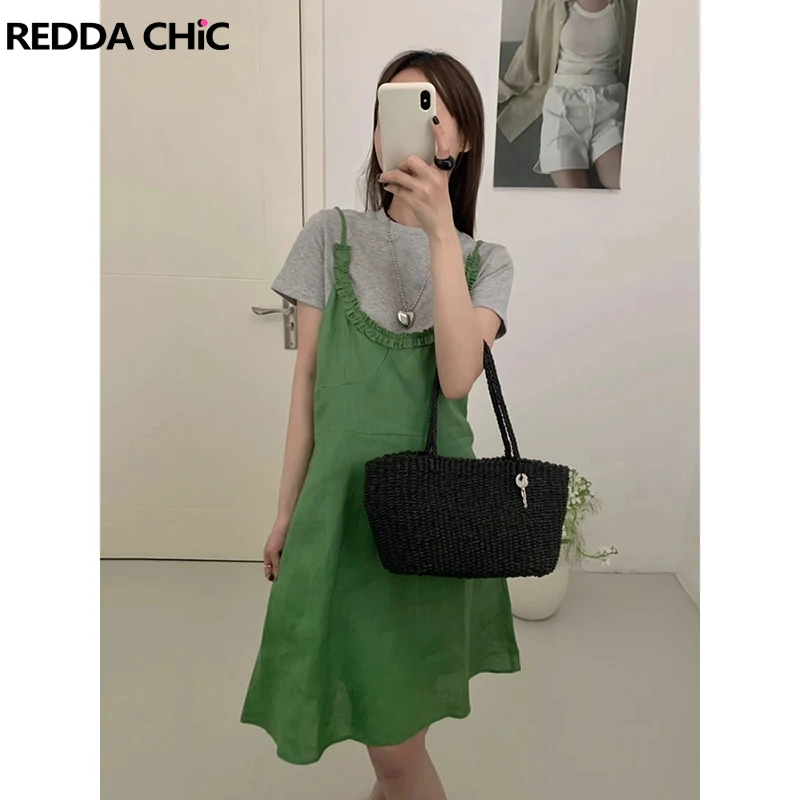 ReddaChic Casual Plain Linen Women Mini Dress Solid Spaghetti Strap Crew Neck Sleeveless A-line Sundress Holiday Summer Clothes