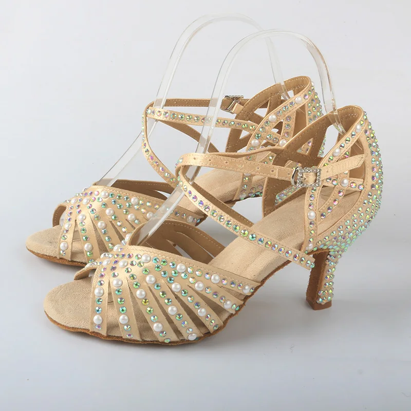Venus lure Suede Sole High Heels Dancing Shoes for Woman Latin Champagne Satin Dance Heels Rhinestone and Pearls 7.5CM