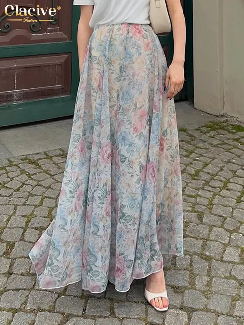 Clacive Fashion Loose Print Women's Skirt 2027 Spring High Waist Maxi Skirts Lady Elegant Classic Pleated Skirt Female Clothing