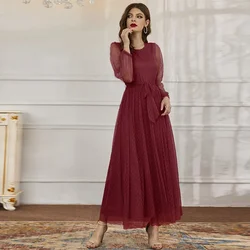 Women Eid Muslim Dresses Ramadan Morocco O Neck Loose Solid Party Dress Kaftan Long Robe Belt Arab Islam Elegant Vestidos