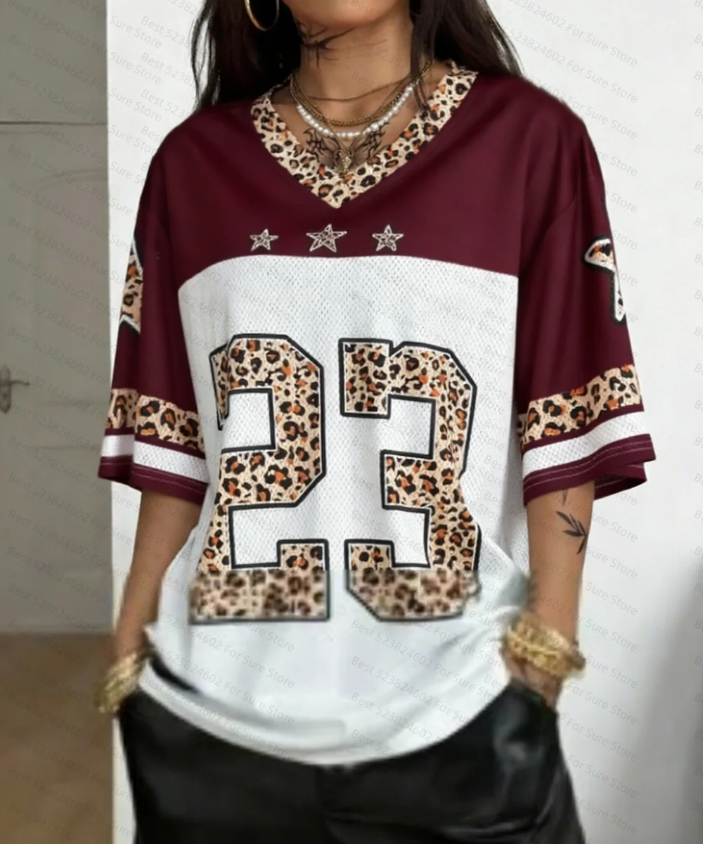2026 Damen V-Ausschnitt Sportliches Jersey Y2K T-Shirt Leopardenmuster NR. 23 Sommer Casual Wear Sport T-Shirt mit überschnittenen Schultern und Mesh-Einsätzen