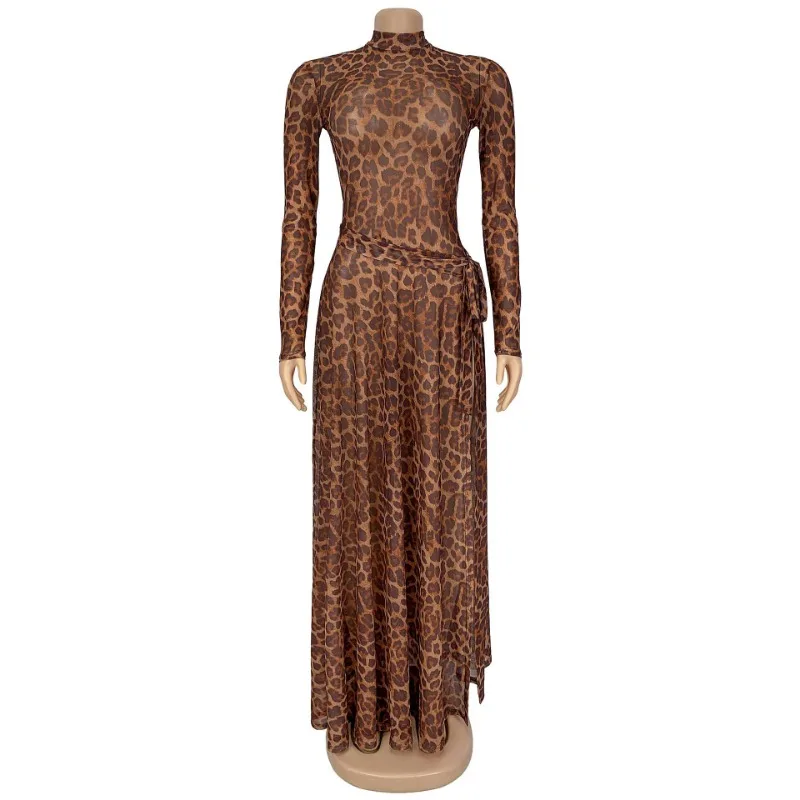 ชุดเดรสยาวลายเสือดาวสำหรับผู้หญิงปี 2025 เซ็กซี่ ซีทรู แขนยาว เอวสูง ผ่าข้าง ชุดราตรีคลับ ผ้าตาข่ายโปร่งแสง