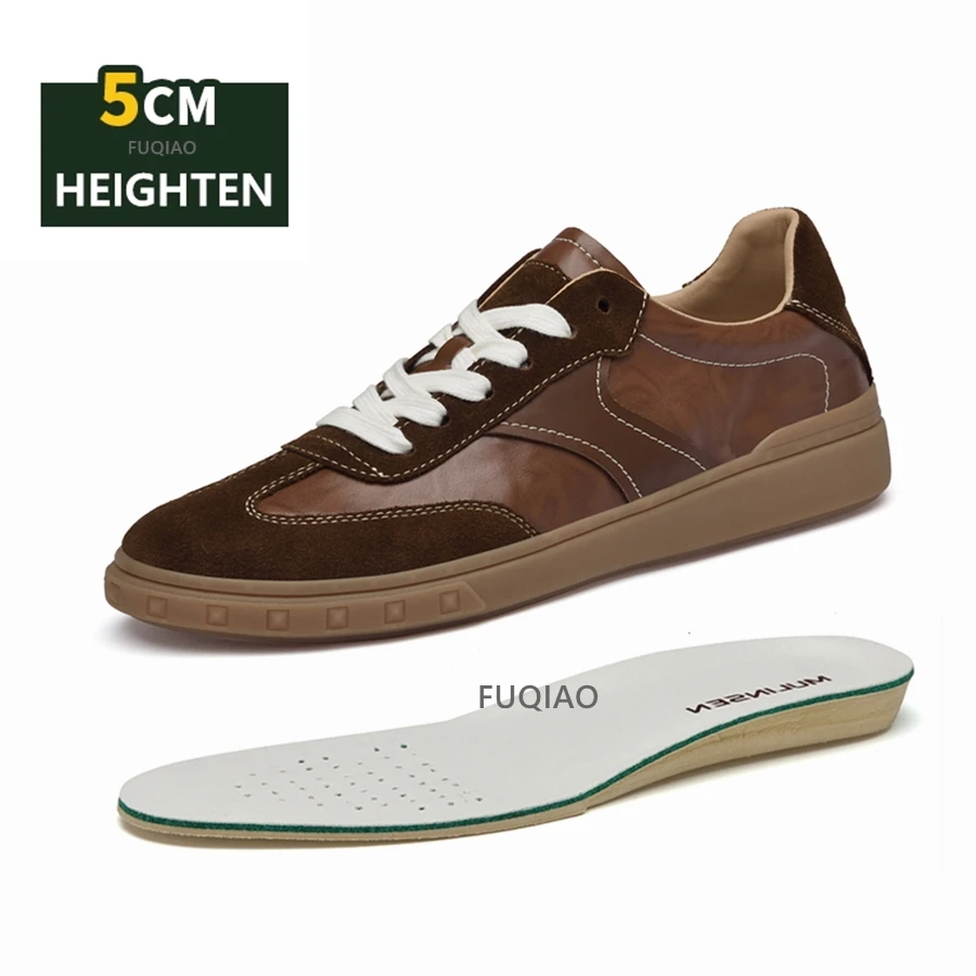 Size 37-45 Real Leather Unisex Casual Height Increasing Sneakers Lace-Up Athletic Shoes Comfort Breath Tennis Elevator Shoes Men