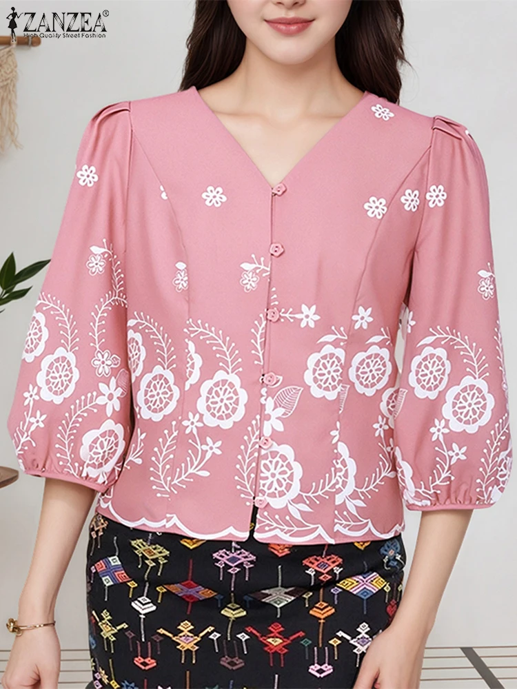 

ZANZEA Women Floral Printing Shirts Spring Summer Fashion 3/4 Puff Sleeve V-Neck Button Up Chemise Femme Casual Day Wear Tops