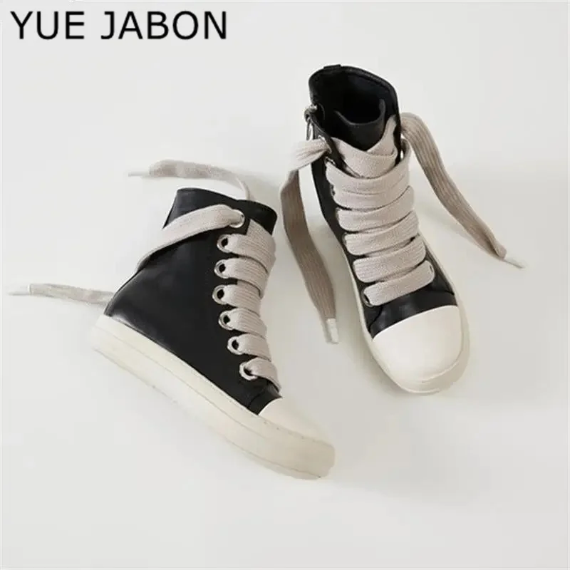 Men\'s Women High-top Canvas Sneakers Black Leather Zipper Lace Up Casual Shoes Thick Bottom Sneakers Chaussure Femme Ankle Boots