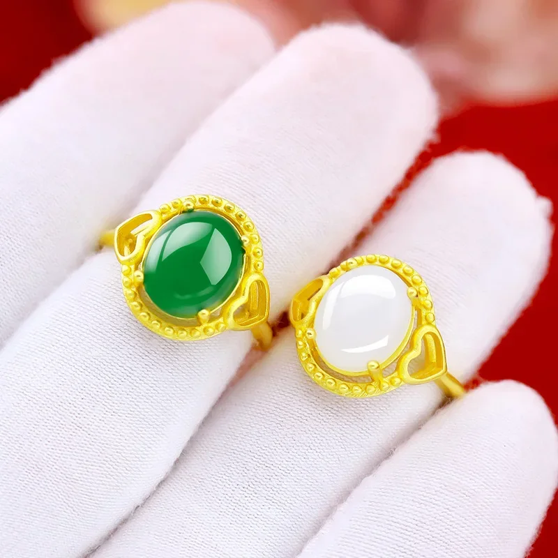 9999 Real Gold 24K Gold Chalcedony Open Women's Ring, Live Gold and Jade Love Women's Ring