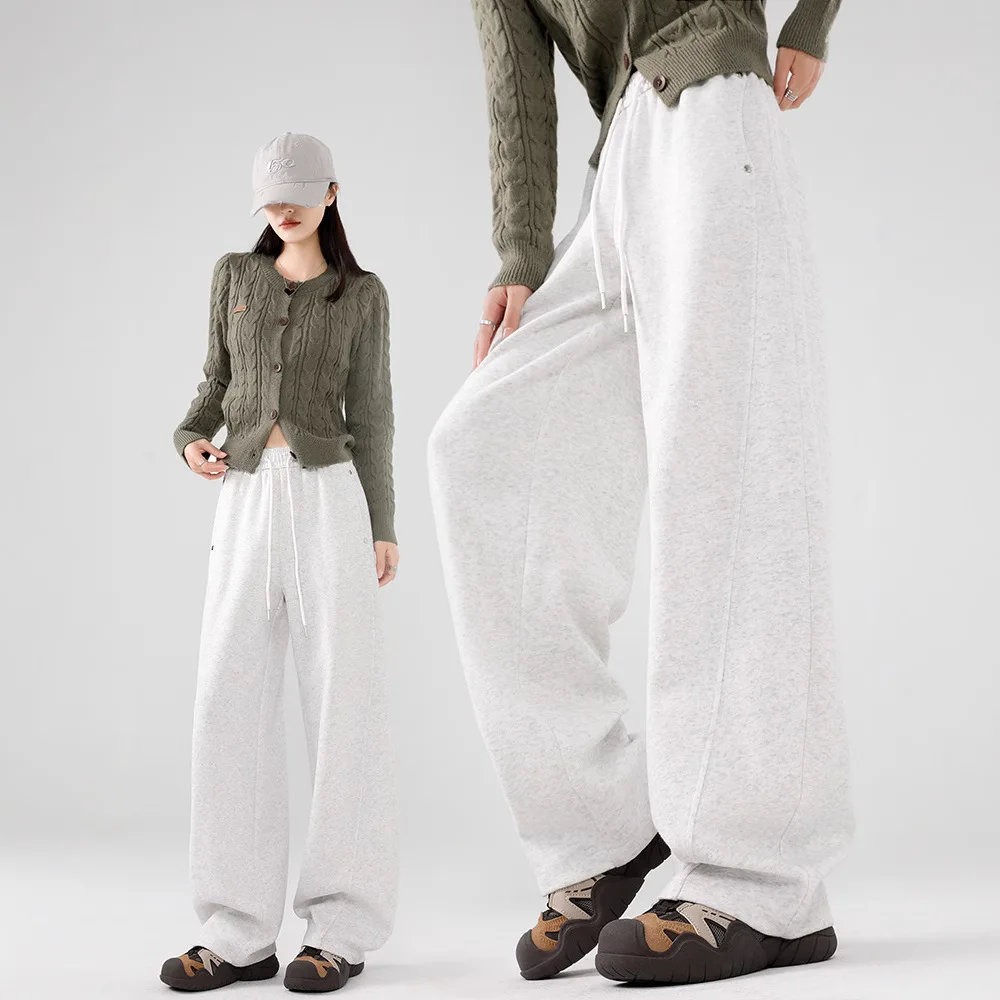Straight Casual Pants Women's 2025 Winter Narrow Version High Waist Drawstring Piled Thickened Small Wide Leg Sweatpants