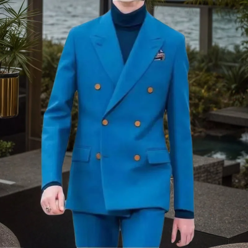 

Классический синий мужской костюм-двойка для свадьбы: смокинг с острыми лацканами, приталенный пиджак и брюки, комплект из 2 предметов для торжественных мероприятий